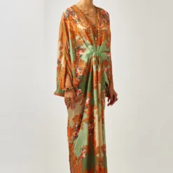 Rajdeep Ranawat Rasika Subtle Green Floral Print V-Neck Kaftan -Deals Drapizia Store 011223rr26 2