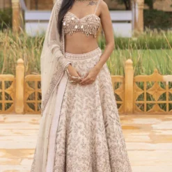 Arpita Mehta Coconut And Rose Gold Hand Embroidered Lehenga Set