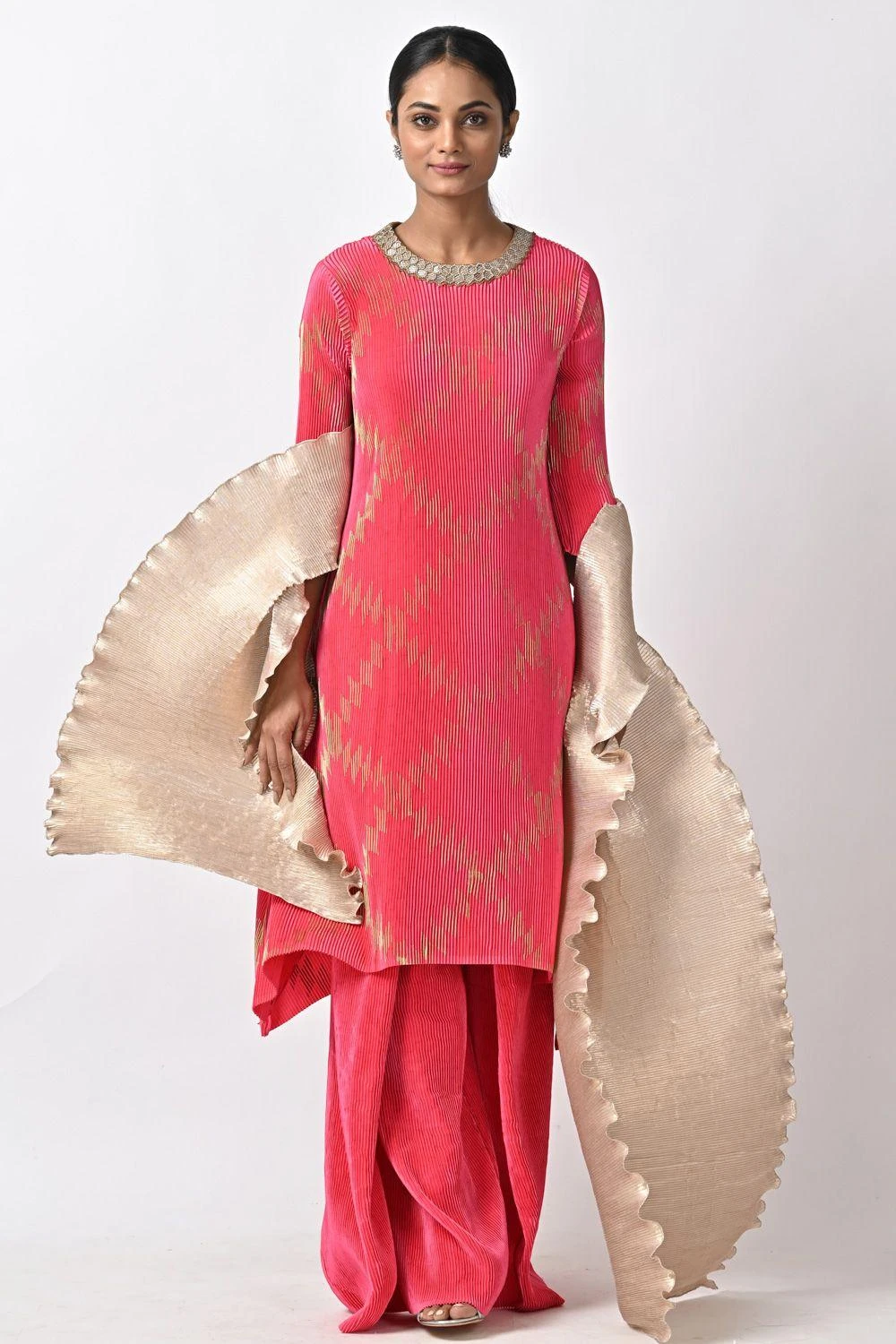 Kiran Uttam Ghosh Fuchsia Printed & Pleated Kaftan 3 Kiran Uttam Ghosh Fuchsia Printed & Pleated Kaftan