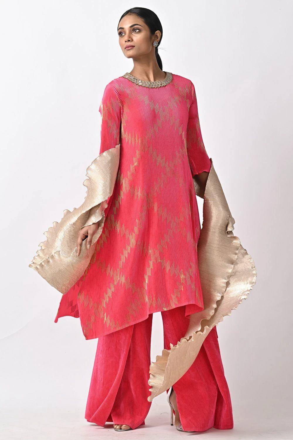 Kiran Uttam Ghosh Fuchsia Printed & Pleated Kaftan 4 Kiran Uttam Ghosh Fuchsia Printed & Pleated Kaftan - Image 2