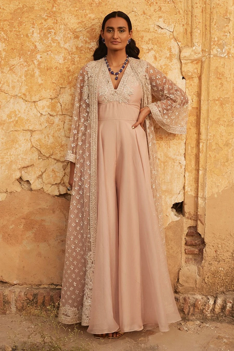 Ridhi Mehra Champagne Embroidered Jacket & Jumpsuit Set 3 Ridhi Mehra Champagne Embroidered Jacket & Jumpsuit Set