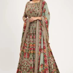 Nakul Sen Floral Embroidered Sea Green Chiffon Lehenga