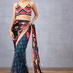 Torani Navy Blue Shabnami Chevron Printed Blouse