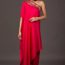 Prahnaaya Pink Off Shoulder Asymmetric Kurta Set