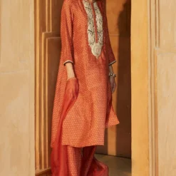 Avacara Brick Red Mulberry Silk Kurta Set