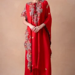 Anamika Khanna Bold Red Paisley Embellished Kaftan-Skirt Set