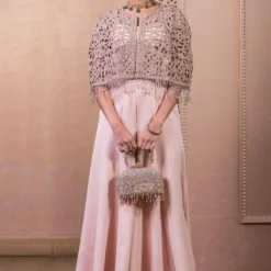 Tarun Tahiliani Old Rose Cutwork Cape & Jumpsuit Set