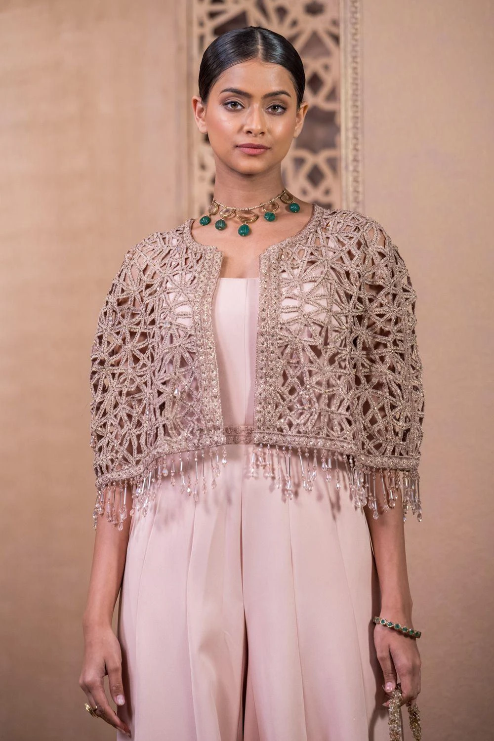 Tarun Tahiliani Old Rose Cutwork Cape & Jumpsuit Set 4 Tarun Tahiliani Old Rose Cutwork Cape & Jumpsuit Set - Image 2