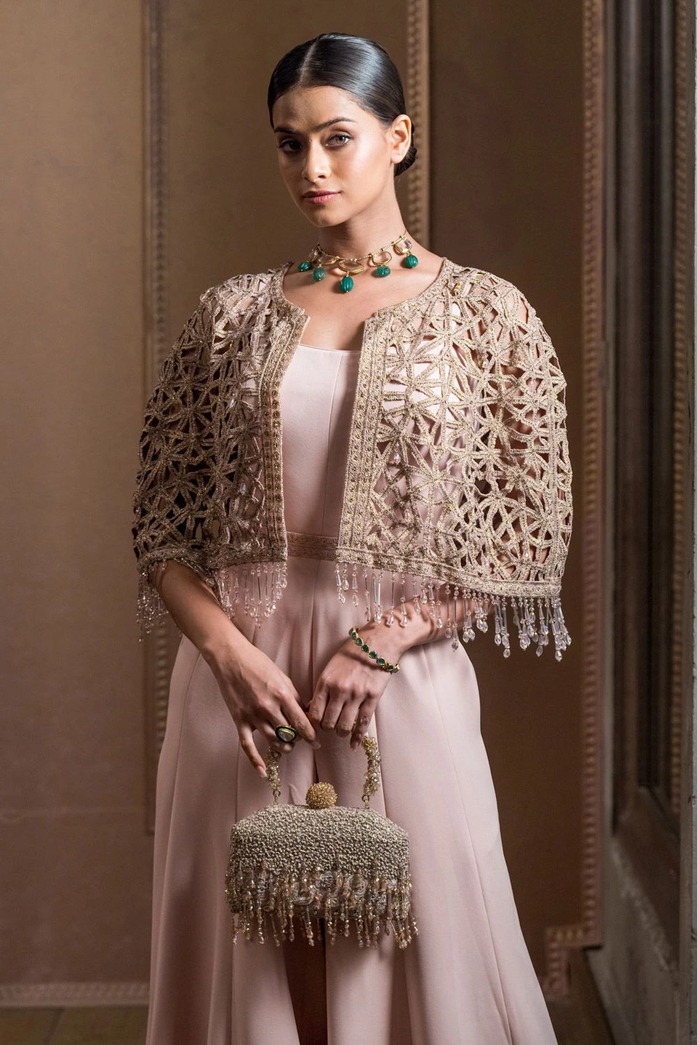 Tarun Tahiliani Old Rose Cutwork Cape & Jumpsuit Set 5 Tarun Tahiliani Old Rose Cutwork Cape & Jumpsuit Set - Image 3