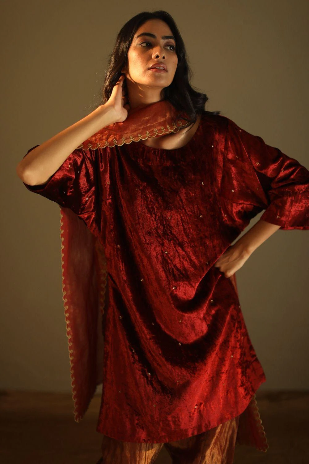 Shorshe Red Velvet Kurta & Tissue Pants Set 4 Shorshe Red Velvet Kurta & Tissue Pants Set - Image 2