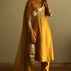 Shorshe Ochre Chanderi Hand Work Kurta Set