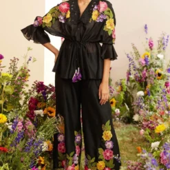 Chandrima Black Floral Applique Kimono Shirt