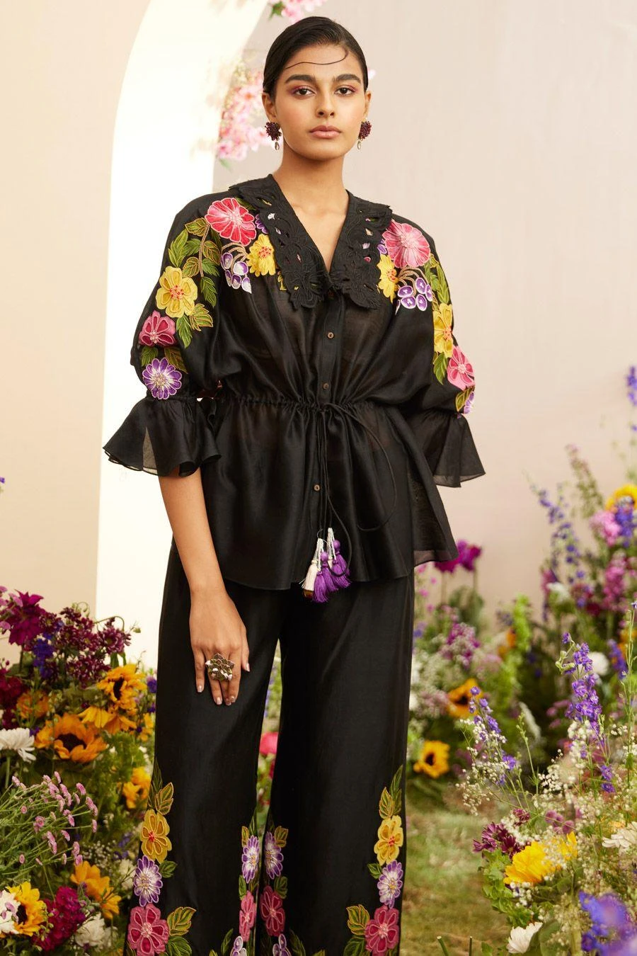 Chandrima Black Floral Applique Kimono Shirt 4 Chandrima Black Floral Applique Kimono Shirt - Image 2