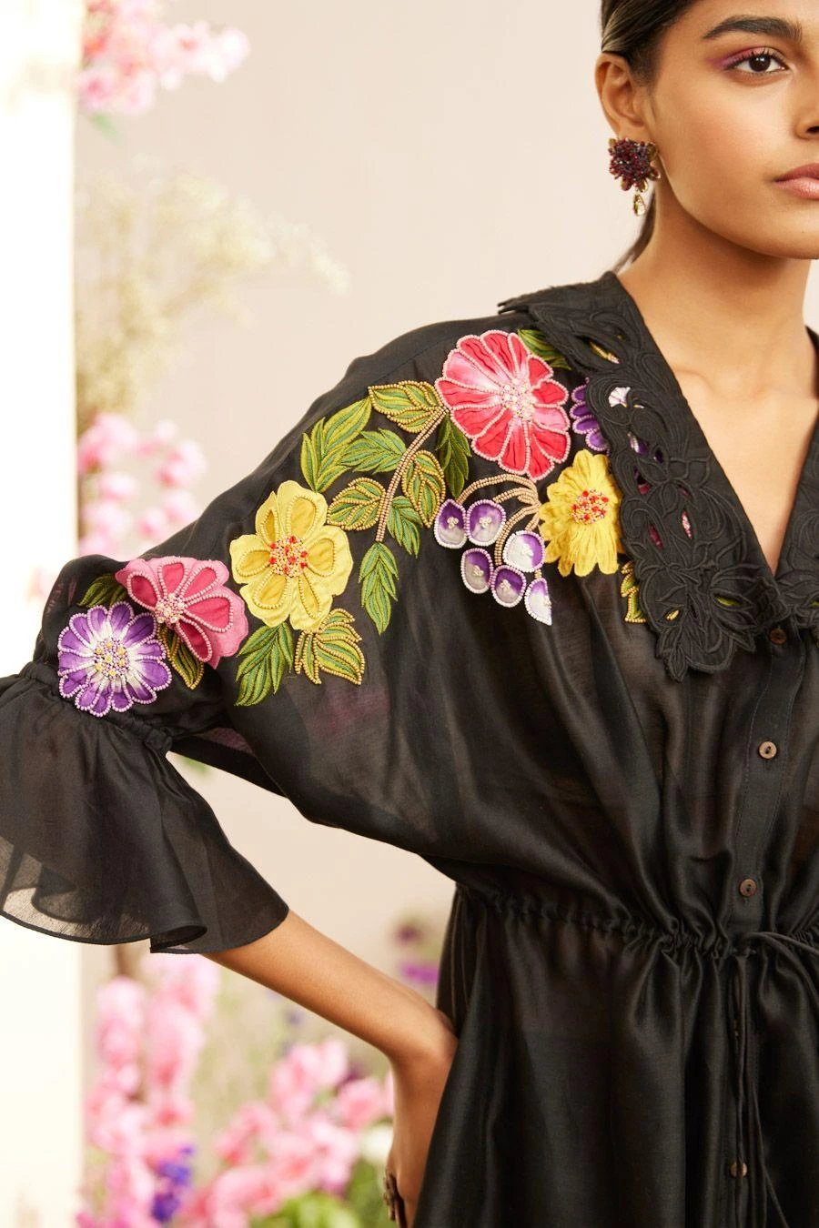 Chandrima Black Floral Applique Kimono Shirt 5 Chandrima Black Floral Applique Kimono Shirt - Image 3