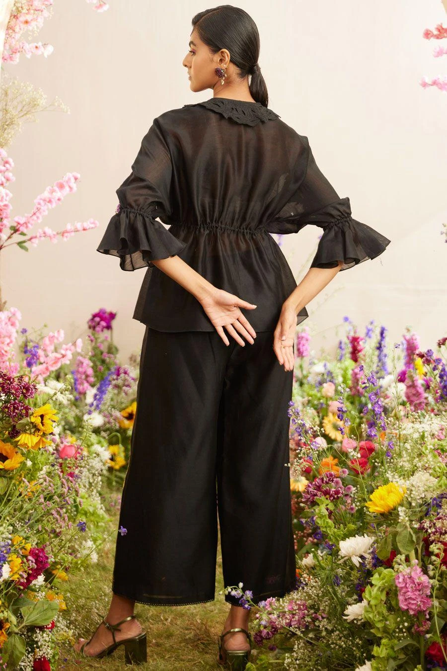 Chandrima Black Floral Applique Kimono Shirt 6 Chandrima Black Floral Applique Kimono Shirt - Image 4