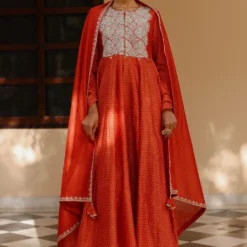 Avacara Orange Handblock Printed Anarkali Set