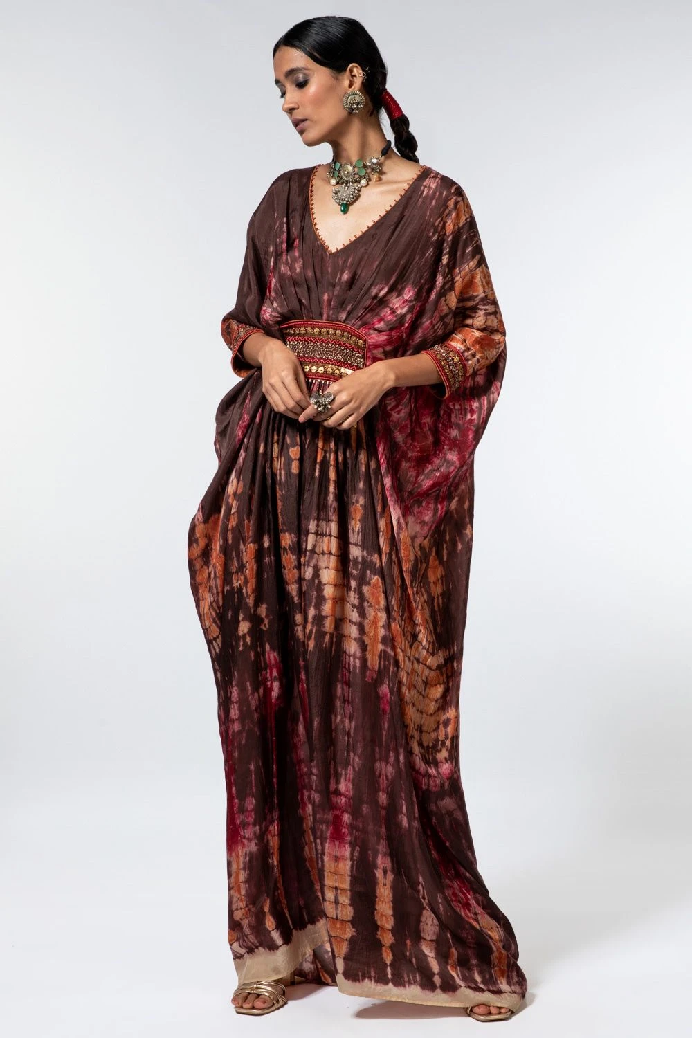 CAPISVIRLEO Brown Tie Dye Silk Kaftan 3 CAPISVIRLEO Brown Tie Dye Silk Kaftan