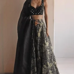 Arpita Mehta Black Garden Print Organza Lehenga Set