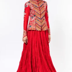 Debyani Red Embroidered British Jacket & Crushed Lehenga -Deals Drapizia Store 2312deb9 2