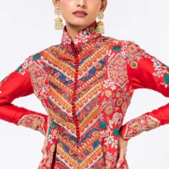 Debyani Red Embroidered British Jacket & Crushed Lehenga -Deals Drapizia Store 2312deb9 4