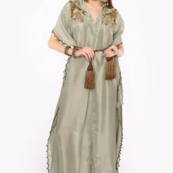 Heirloom By Rara Avis Light Sage Hamsa Embroidered Kaftan