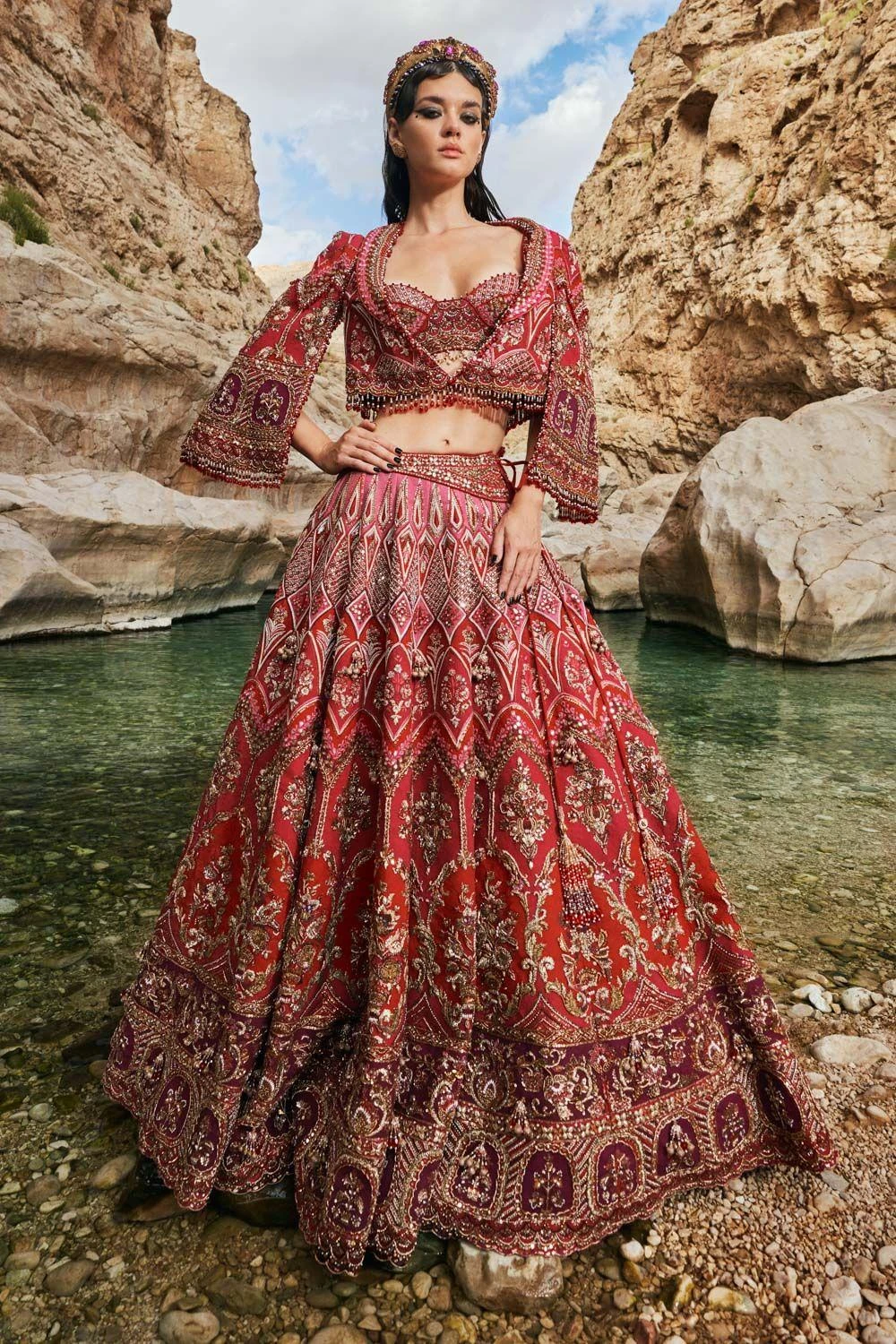 Eeksha Red To Fuchsia Ombre Hand Embellished Lehenga Set 2 Eeksha Red To Fuchsia Ombre Hand Embellished Lehenga Set
