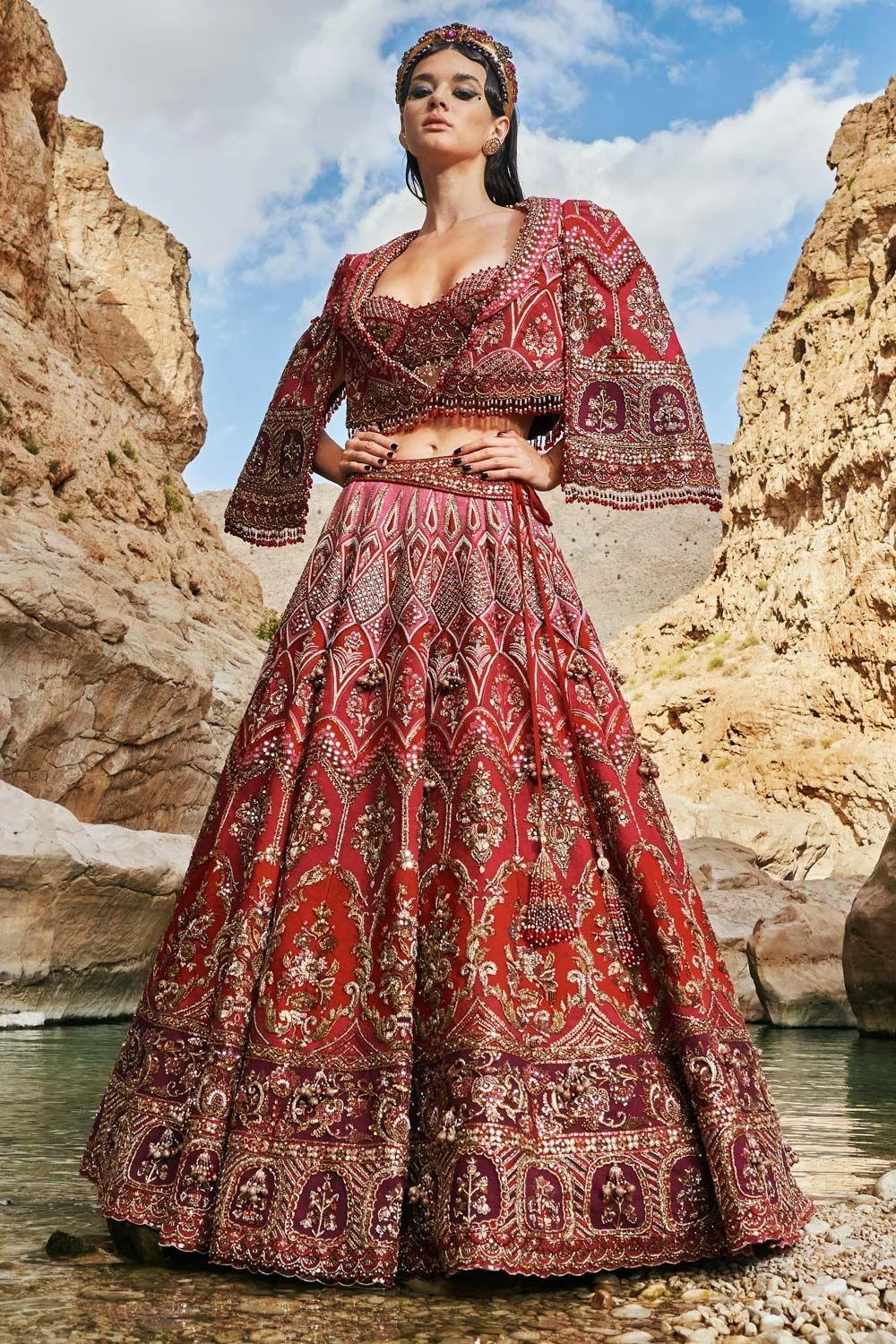 Eeksha Red To Fuchsia Ombre Hand Embellished Lehenga Set 3 Eeksha Red To Fuchsia Ombre Hand Embellished Lehenga Set - Image 2