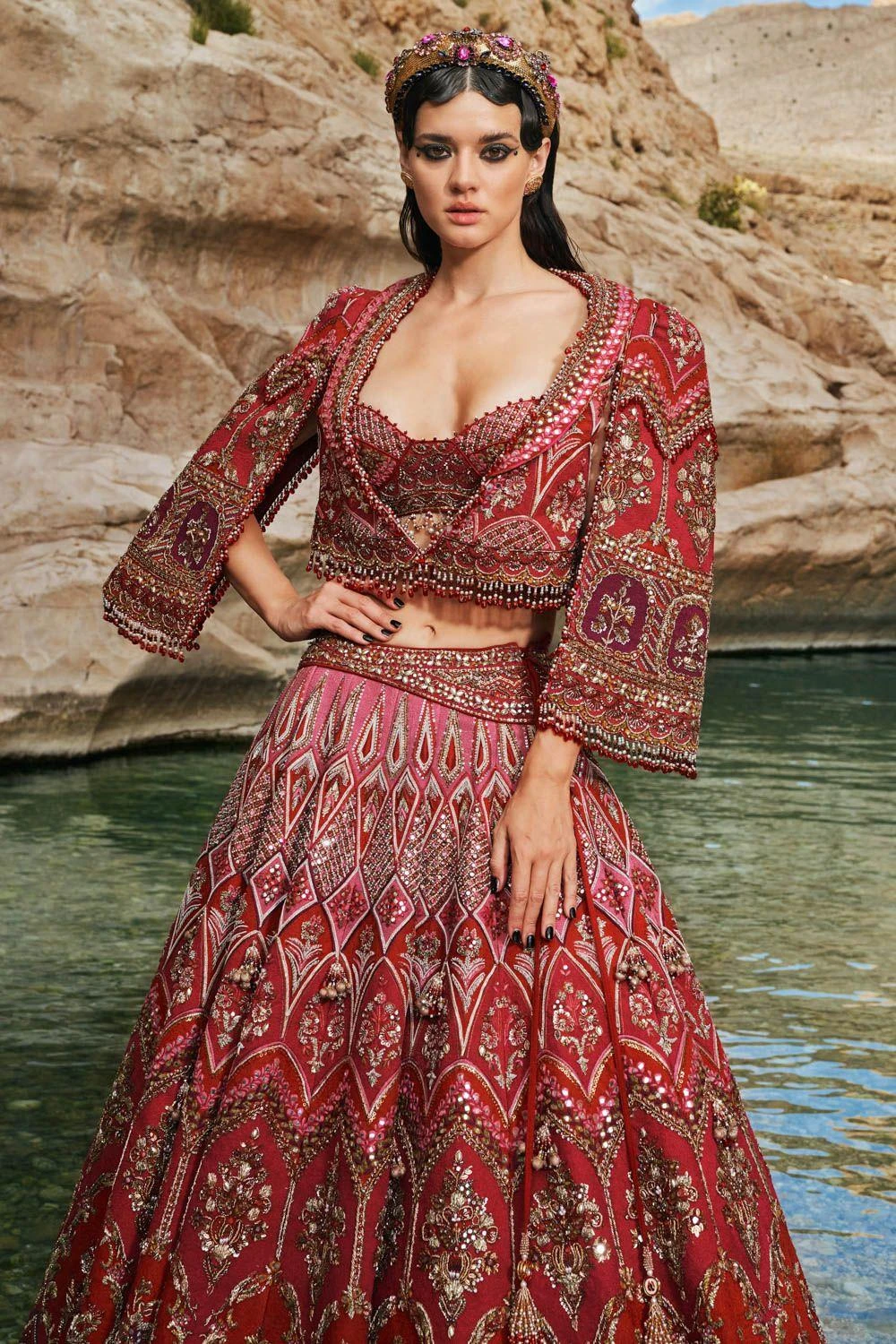 Eeksha Red To Fuchsia Ombre Hand Embellished Lehenga Set 4 Eeksha Red To Fuchsia Ombre Hand Embellished Lehenga Set - Image 3