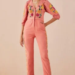 Chandrima Blush Floral Applique And Cutwork Jumpsuit