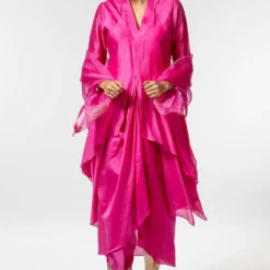 Aikeyah Fuschia Chanderi Drape Kurta Set