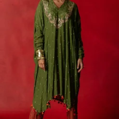 Pooja Keyur Olive Green Embroidered Kaftan Set