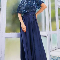 SVA Deep Blue Jumpsuit With An Embroidered Cape