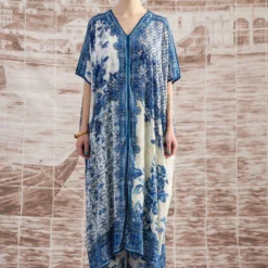 Rajdeep Ranawat Blue Majida V-neck Floral Kaftan