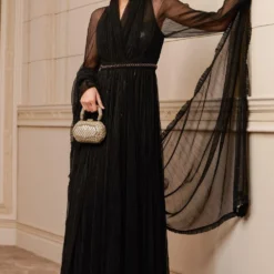 Tarun Tahiliani Black Crinkle Tulle Anarkali Set