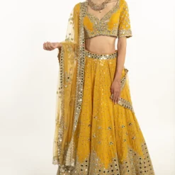 Abhinav Mishra Yellow Mirror Embellished Lehenga Set