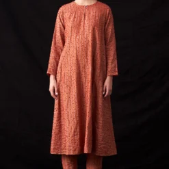 Amrich Zuri Pastel Red Hand-Woven Metallic Stripe Dress