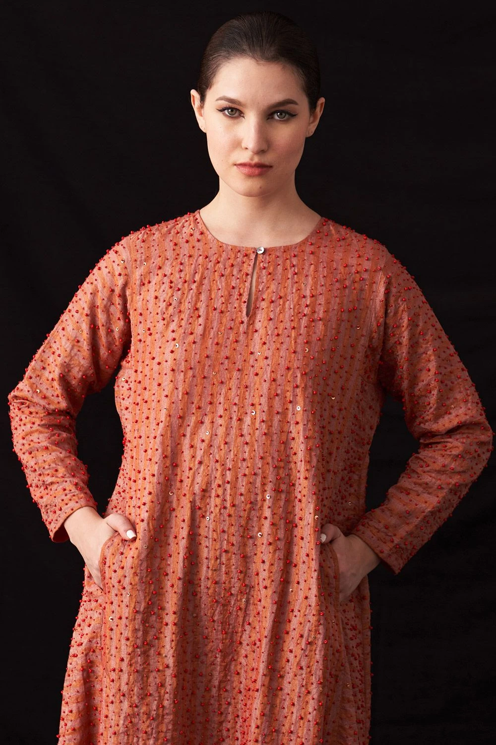 Amrich Zuri Pastel Red Hand-Woven Metallic Stripe Dress 5 Amrich Zuri Pastel Red Hand-Woven Metallic Stripe Dress - Image 3