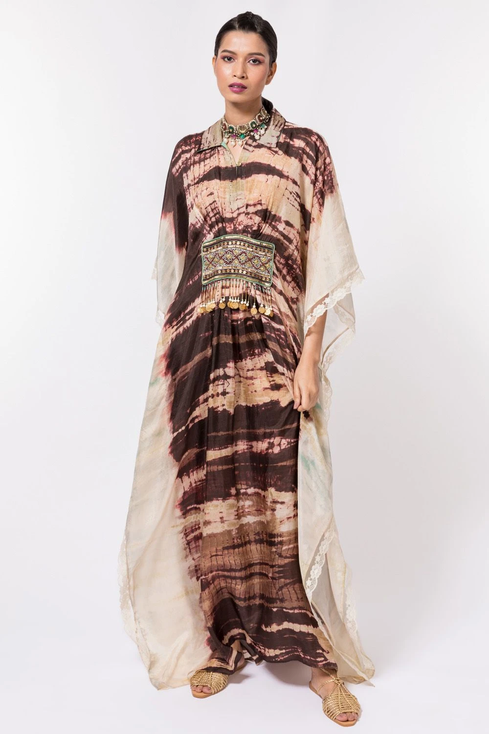 CAPISVIRLEO Ivory & Brown Tie-dye Collared Kaftan 3 CAPISVIRLEO Ivory & Brown Tie-dye Collared Kaftan