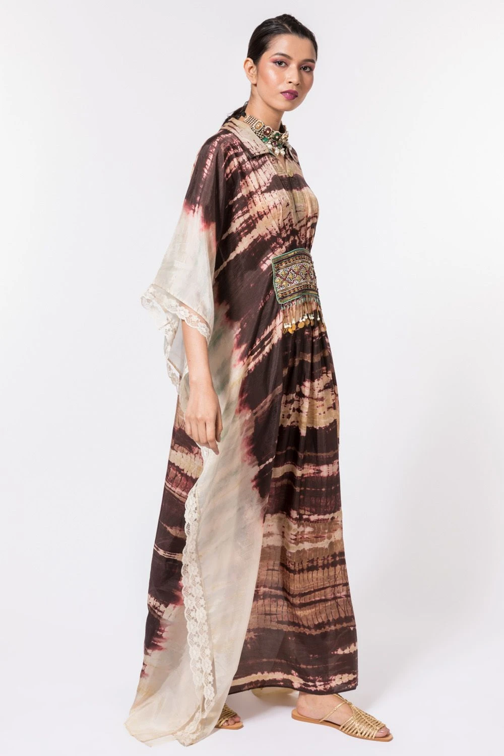 CAPISVIRLEO Ivory & Brown Tie-dye Collared Kaftan 5 CAPISVIRLEO Ivory & Brown Tie-dye Collared Kaftan - Image 3