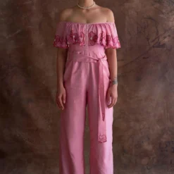 Sakshi Khetterpal Coral Chanderi Off-shoulder Jumpsuit