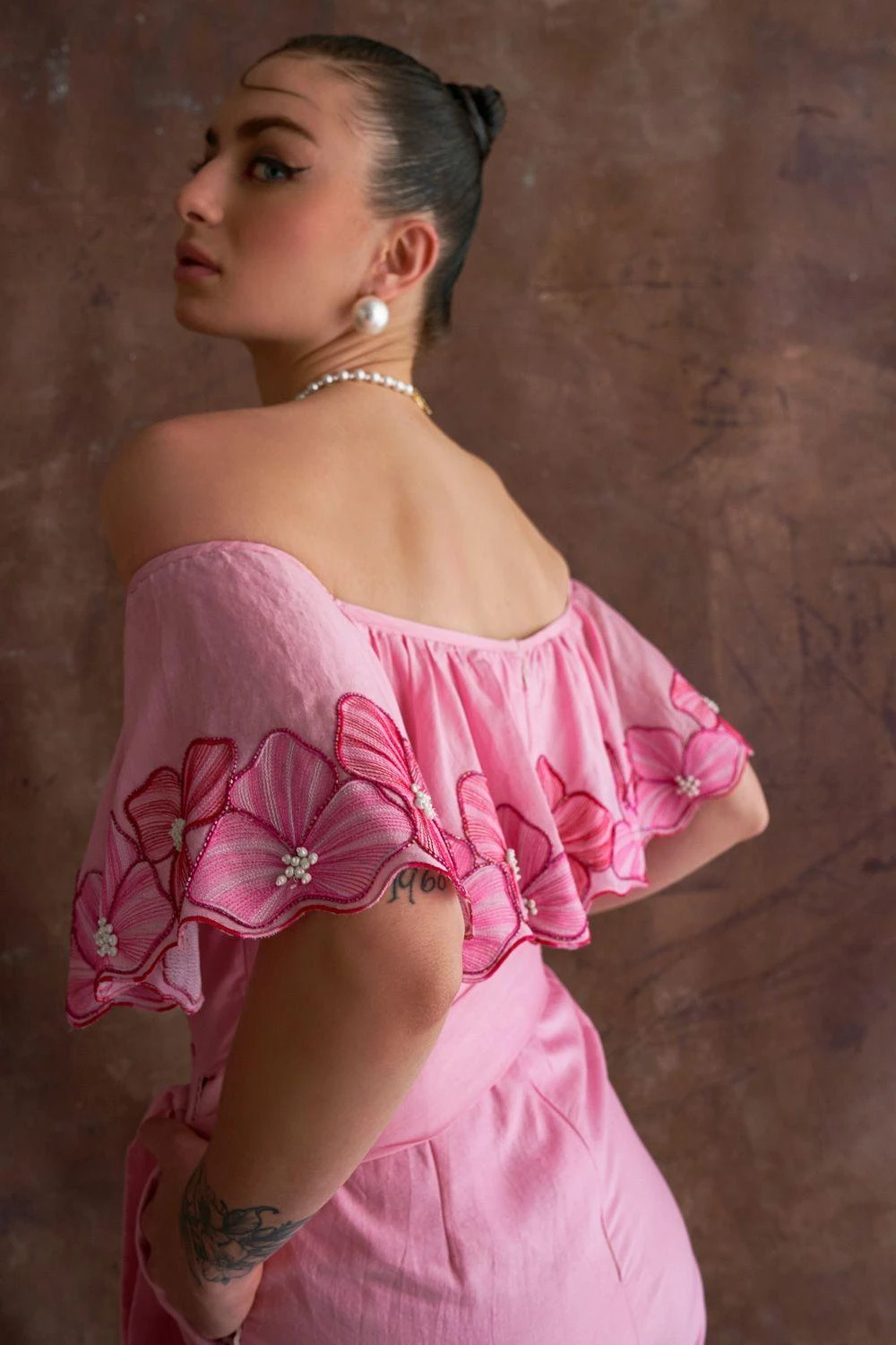 Sakshi Khetterpal Coral Chanderi Off-shoulder Jumpsuit 3 Sakshi Khetterpal Coral Chanderi Off-shoulder Jumpsuit - Image 2