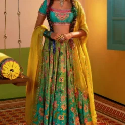 Siddhartha Bansal Aqua Turquoise Ombre Embroidered Lehenga Set