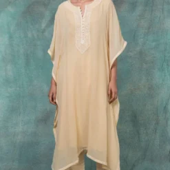 Anjul Bhandari Yellow Chikankari Embroidered Kaftan Set