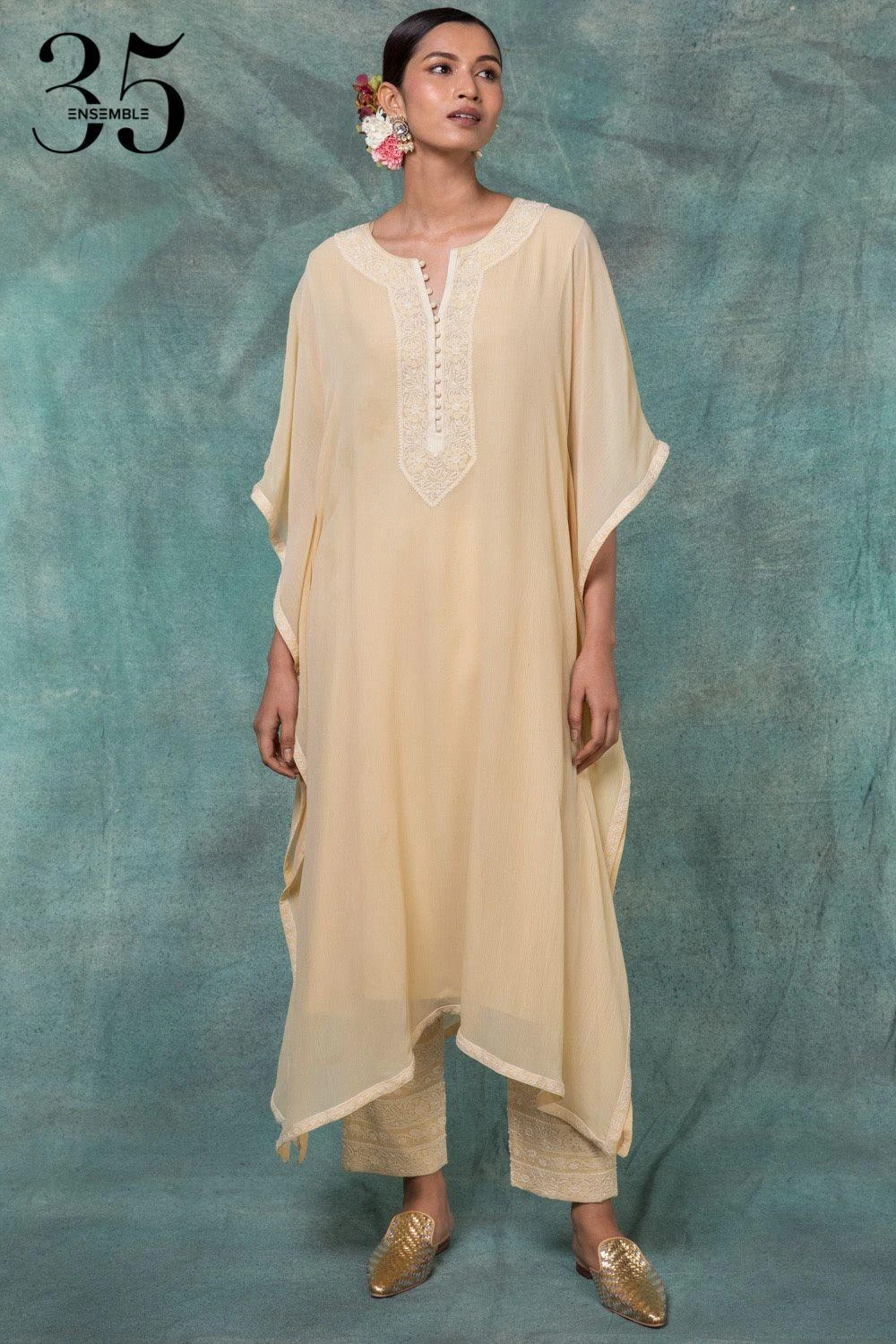 Anjul Bhandari Yellow Chikankari Embroidered Kaftan Set 3 Anjul Bhandari Yellow Chikankari Embroidered Kaftan Set