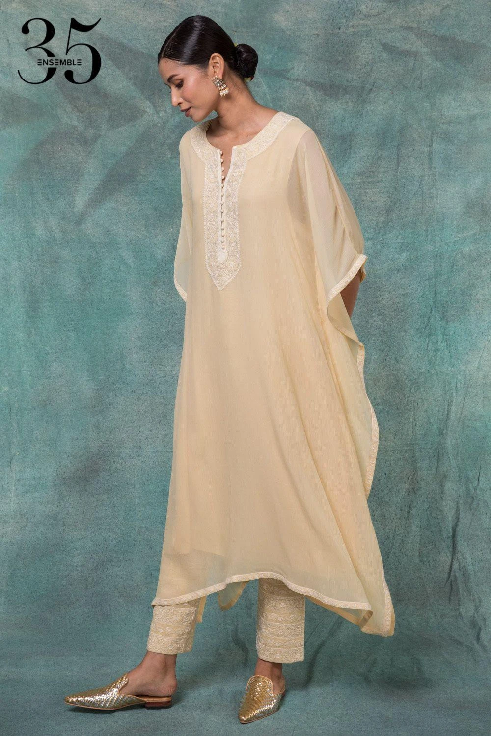 Anjul Bhandari Yellow Chikankari Embroidered Kaftan Set 4 Anjul Bhandari Yellow Chikankari Embroidered Kaftan Set - Image 2