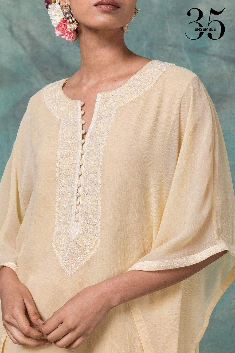 Anjul Bhandari Yellow Chikankari Embroidered Kaftan Set 6 Anjul Bhandari Yellow Chikankari Embroidered Kaftan Set - Image 4