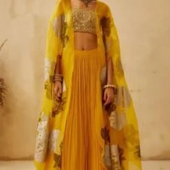 Bhumika Sharma Yellow Dahlia Lehenga & Cape Set