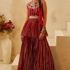 Bhumika Sharma Red Georgette Printed Peplum & Lehenga Set