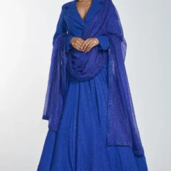 Itrh Blue Crystal Lehenga & Blazer Set With Dupatta