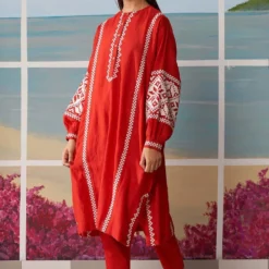 Ikai Red Chanderi Kaftan Tunic Set